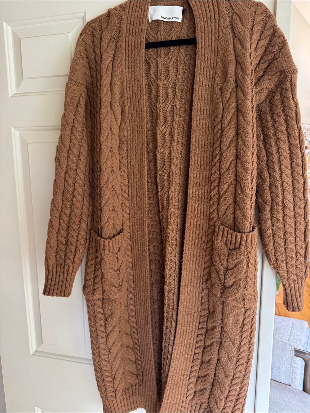 Pink Martini Brown Cable Knit Long Open Cardigan